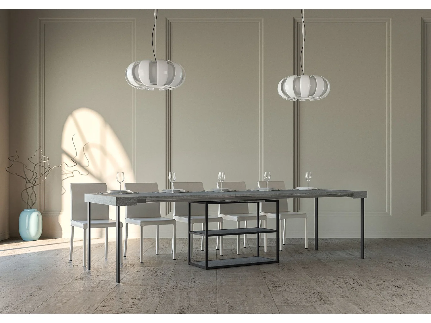 Console extensible 90x40/300 cm Plano Gris Béton cadre Anthracite