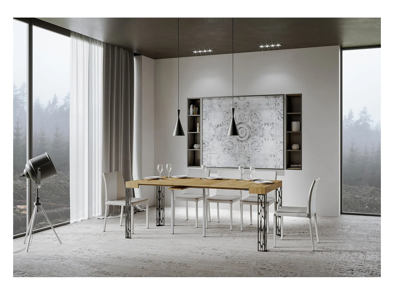 Ausziehbarer Konsolentisch 90x40/196 cm Ghibli Small Eiche Natur mit Eisenrahmen aus Anthrazit