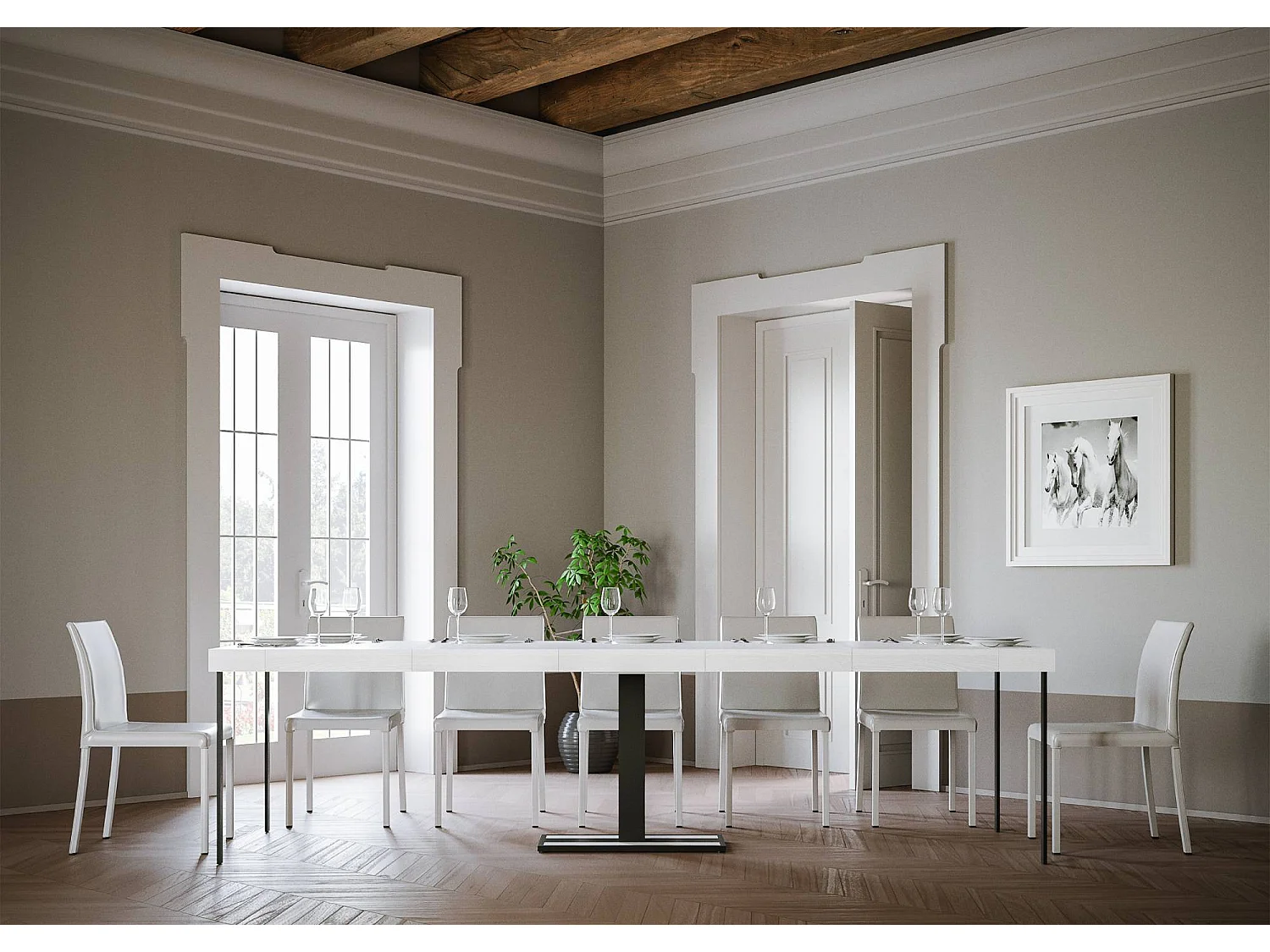 Designer uitschuifbare houten console met centrale poot Kapital 90x40/196 of 90x40/300 cm-Kleur Wit-Verlengsnoeren 5 dikke extensies