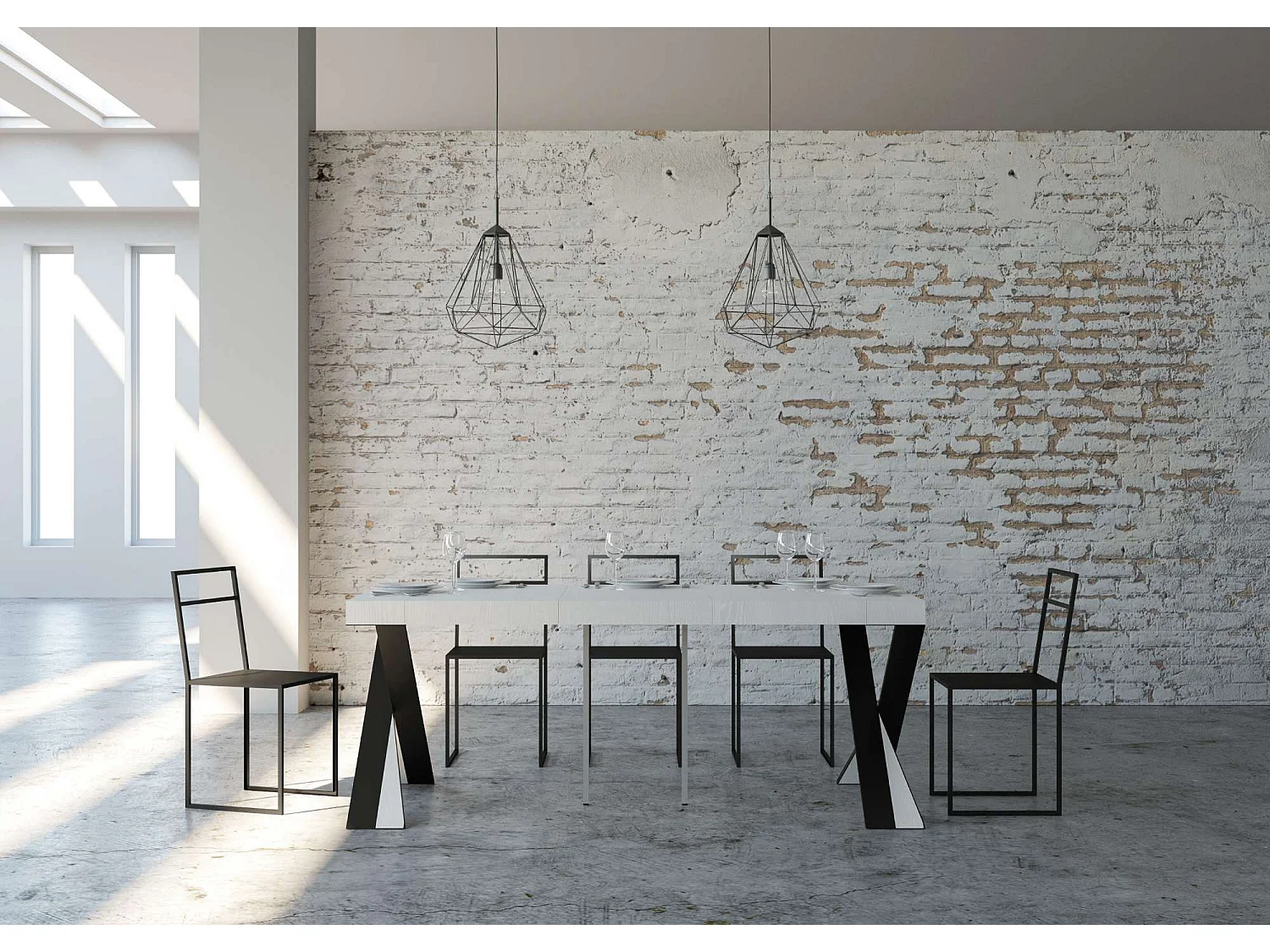 Ausziehbarer Konsolentisch 90x40/196 cm Diago Small Premium Esche weiß mit Eisenrahmen aus Anthrazit