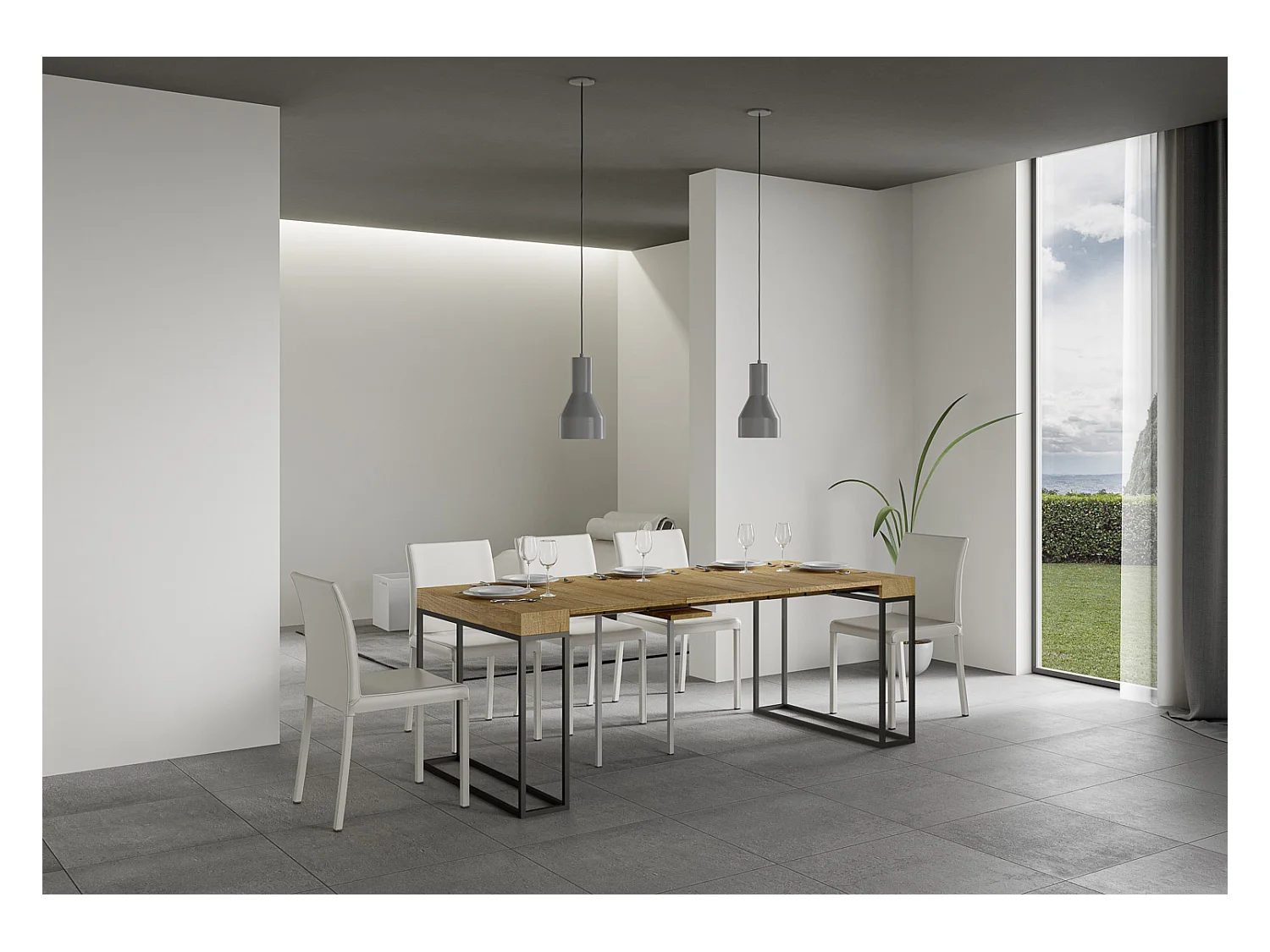 Ausziehbarer Konsolentisch 90x40/300 cm Epoca Eiche Natur mit Eisenrahmen aus Anthrazit