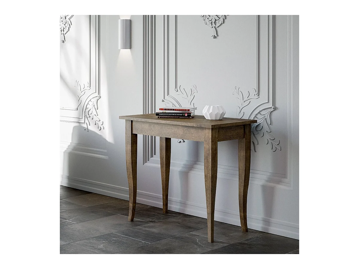 Klassieke uitschuifbare houten console Kamila 90x48/204 of 90x48/308 cm-Kleur Bruin-Steun 2 voet-Verlengsnoeren 3 uitbreidingen