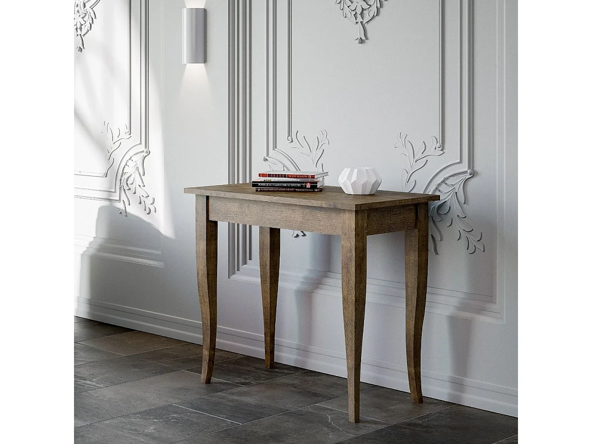 Consola clásica extensible de madera Kamila 90x48/204 o 90x48/308 cm-Color Marrón-Soporte 2 pies-Alargaderas 3 extensiones