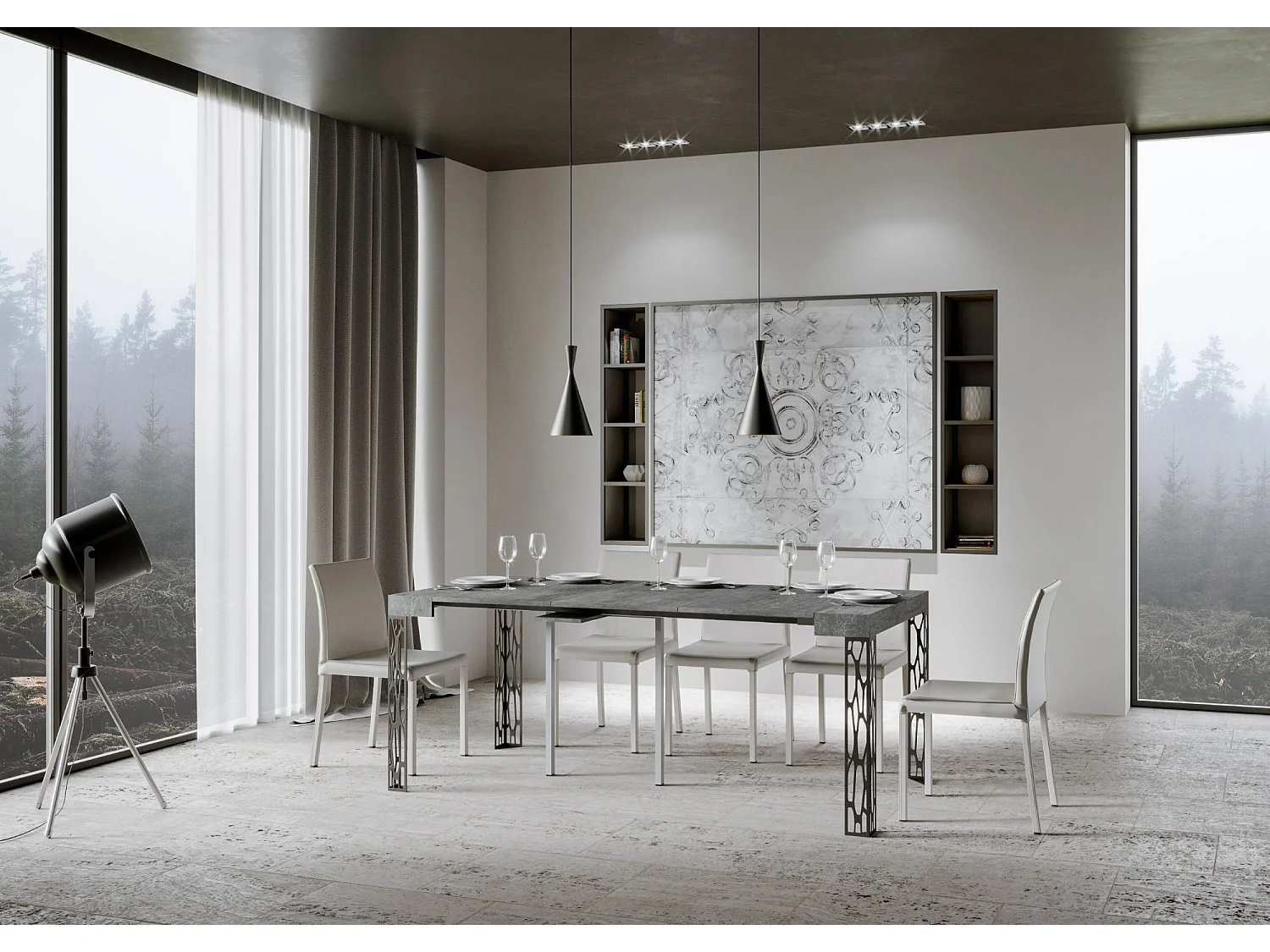 Uitschuifbare sidetable 90x40/300 cm Ghibli cement met antraciet frame