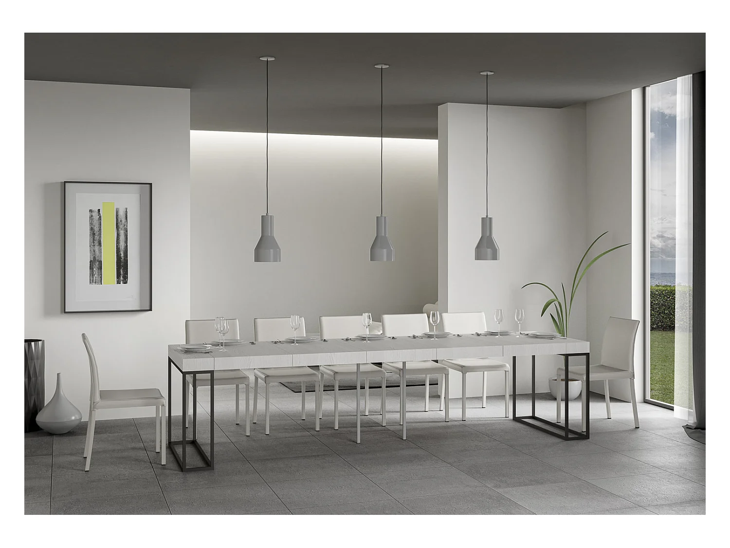 Console extensible 90x40/300 cm Epoca Premium Frêne Blanc cadre Anthracite