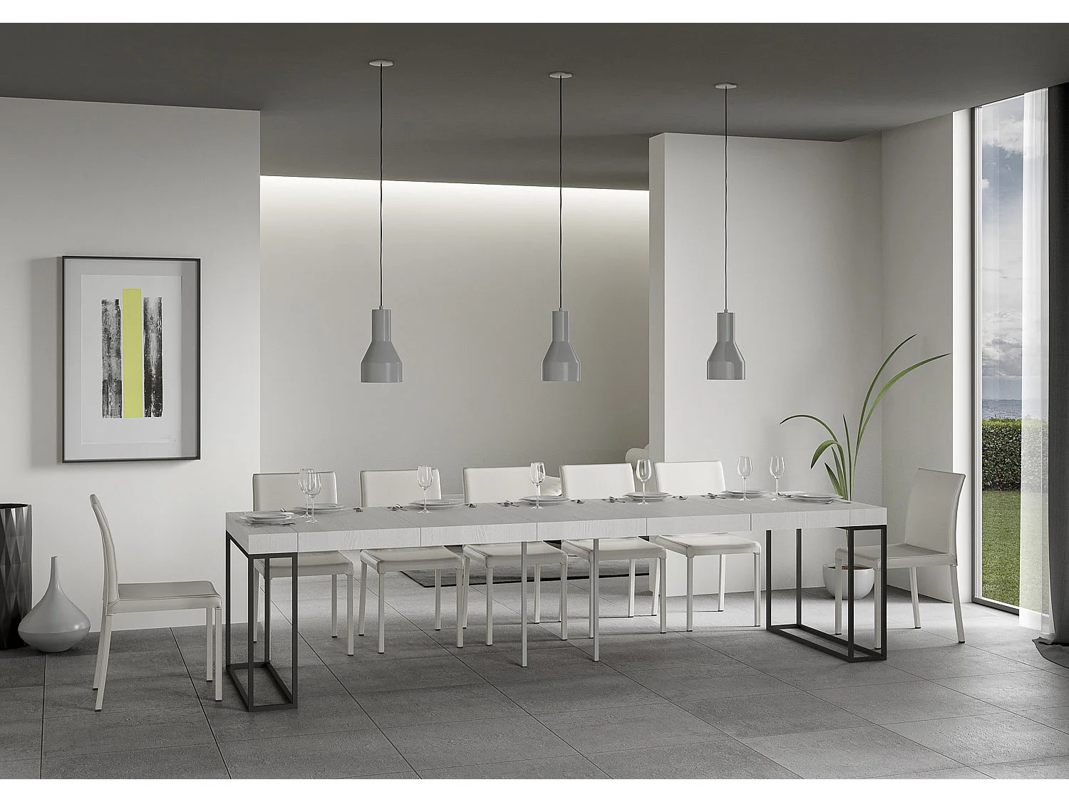 Console extensible 90x40/300 cm Epoca Premium Frêne Blanc cadre Anthracite