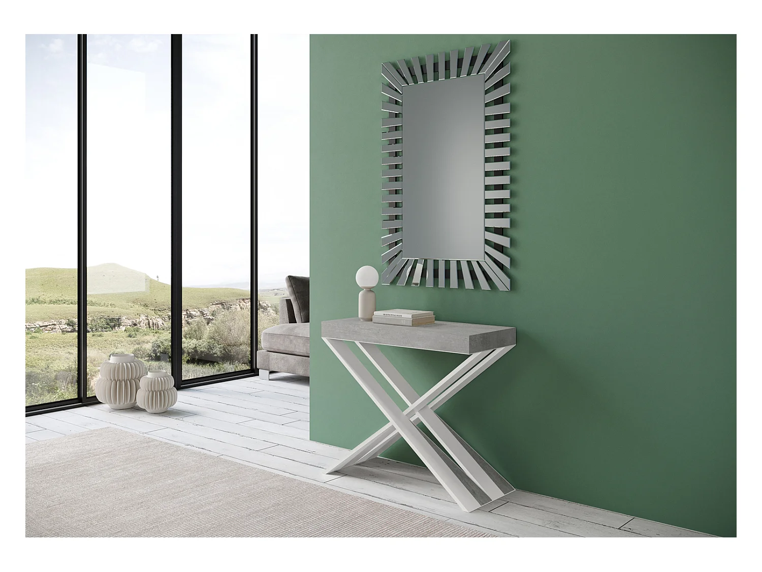 Uitschuifbare console in hout en wit stalen gekruiste poten Diago 90x40/196 of 90x40/300 cm-Kleur Cementgrijs-Steun 2 voet-Verlengsnoeren 5 dunne verlengingen