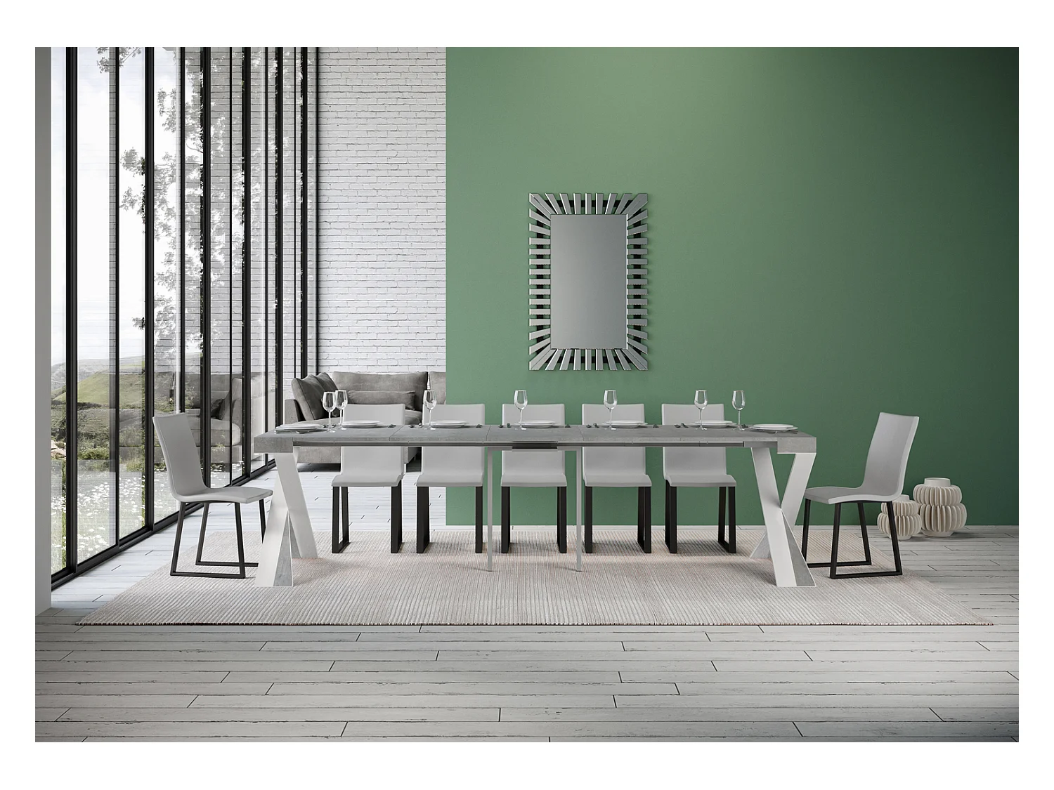 Uitschuifbare console in hout en wit stalen gekruiste poten Diago 90x40/196 of 90x40/300 cm-Kleur Cementgrijs-Steun 2 voet-Verlengsnoeren 5 dunne verlengingen