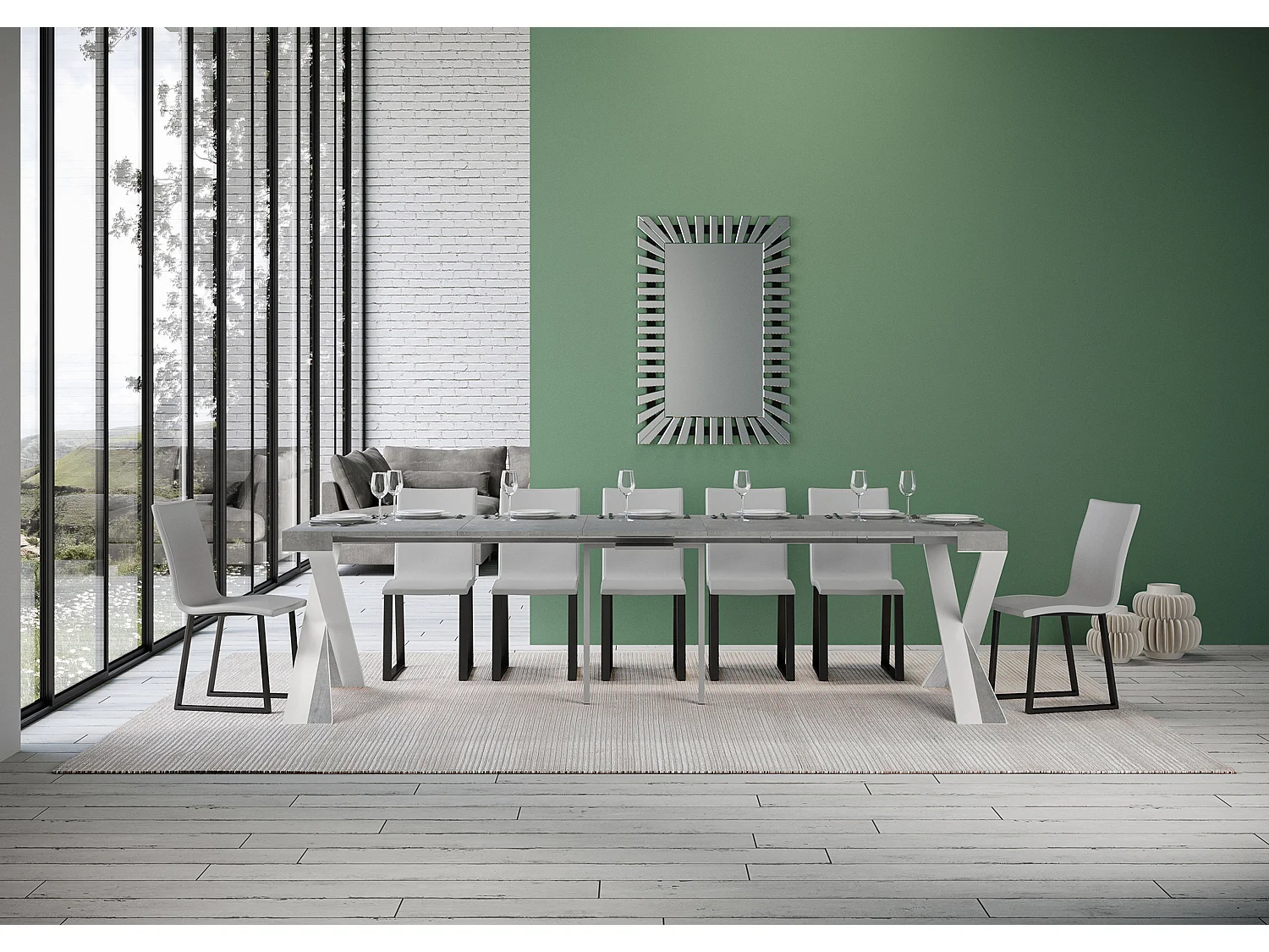 Console extensible 90x40/300 cm Diago gris béton pieds blancs