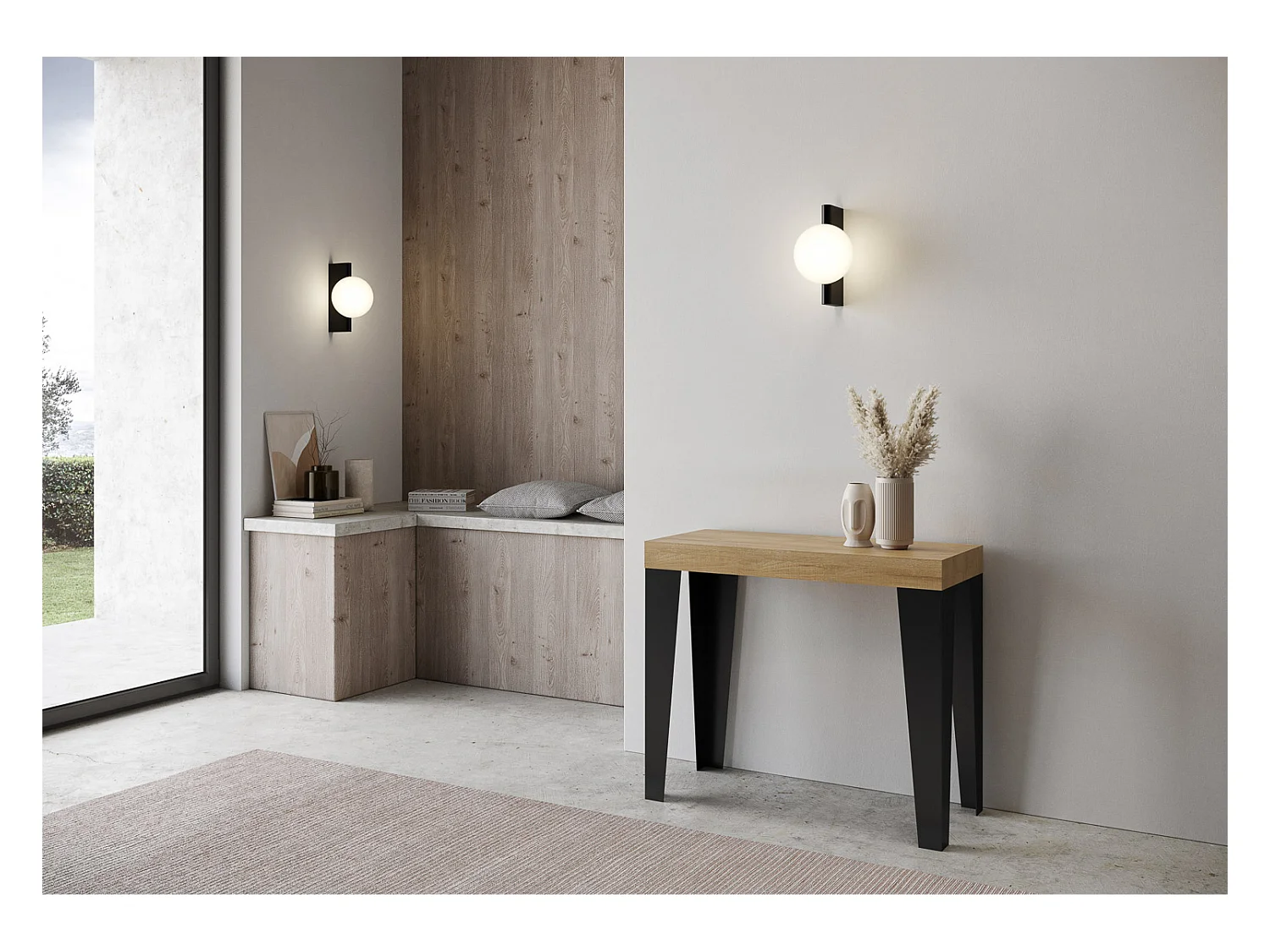 Ausziehbare Konsole 90x40/300 cm Gestell Flame Premium Eiche Natur Anthrazit