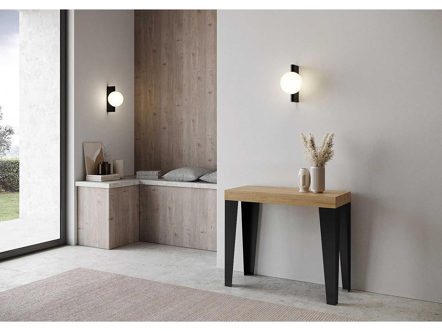 Udtrækkeligt konsolbord 90x40/300 cm Flame Premium Naturlig Eg Antracit Stel