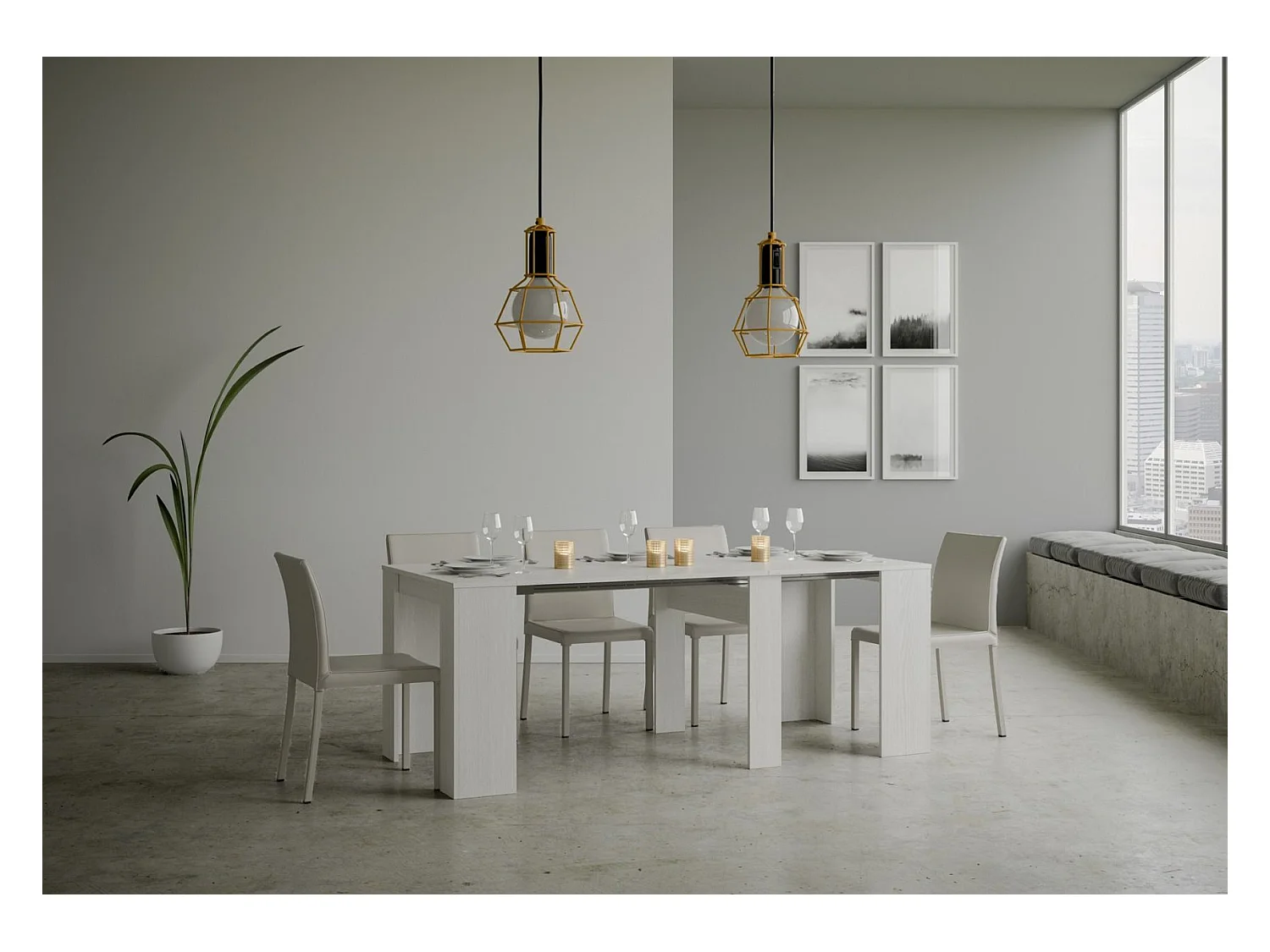 Consola extensible de madera Bina 90x48/204 o 90x48/308 cm-Color Blanco-Alargaderas 5 extensiones