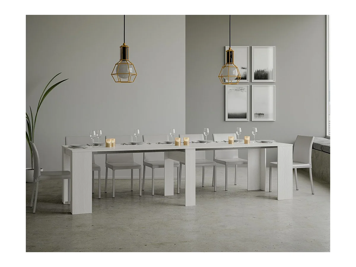 Consola extensible de madera Bina 90x48/204 o 90x48/308 cm-Color Blanco-Alargaderas 5 extensiones