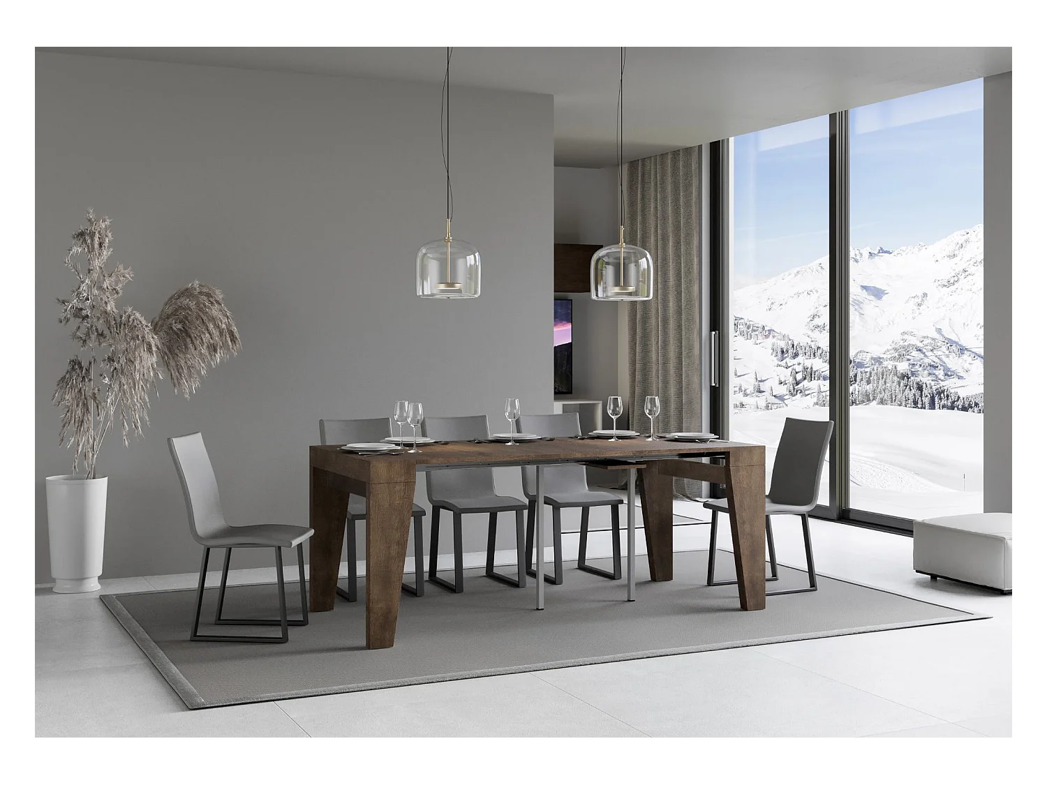 Consola extensible moderna de madera 90x40/196 o 90x40/300 cm Naxo-Color Marrón-Soporte 2 pies-Alargaderas 3 extensiones