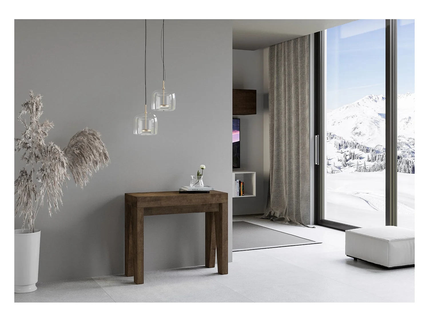 Consola extensible moderna de madera 90x40/196 o 90x40/300 cm Naxo-Color Marrón-Soporte 2 pies-Alargaderas 3 extensiones