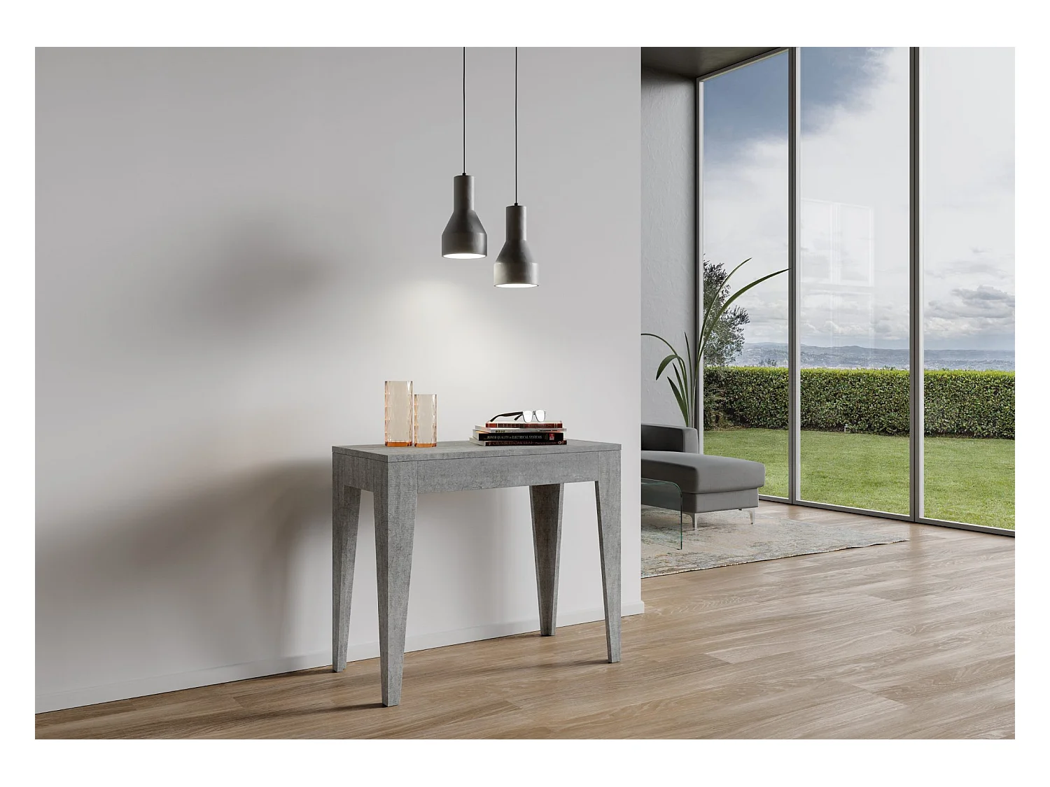 Kanda moderne uitschuifbare houten console 90x42/198 of 90x42/302 cm-Kleur Cementgrijs-Steun 2 voet-Verlengsnoeren 5 uitbreidingen