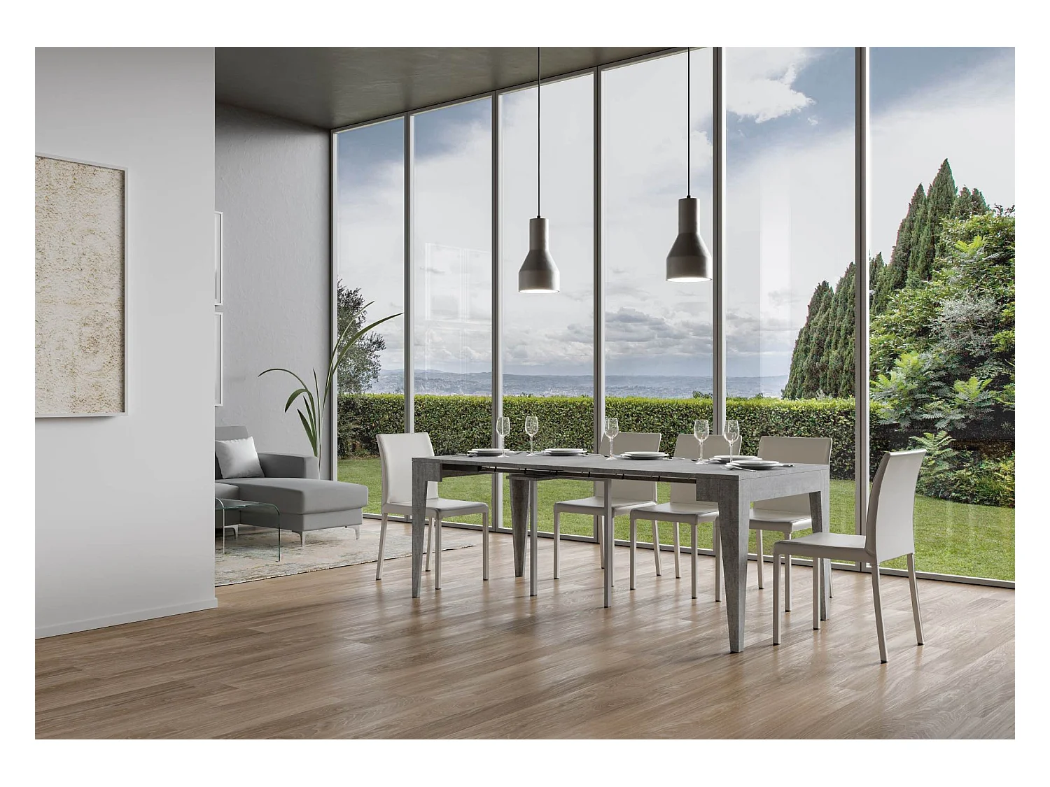 Kanda moderne uitschuifbare houten console 90x42/198 of 90x42/302 cm-Kleur Cementgrijs-Steun 2 voet-Verlengsnoeren 5 uitbreidingen