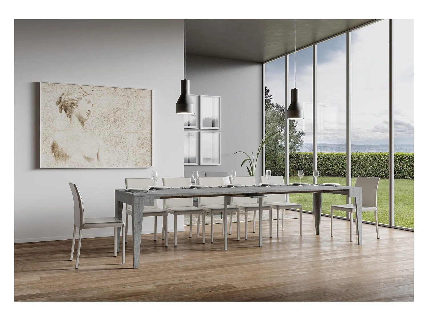 Kanda moderne uitschuifbare houten console 90x42/198 of 90x42/302 cm-Kleur Cementgrijs-Steun 2 voet-Verlengsnoeren 5 uitbreidingen