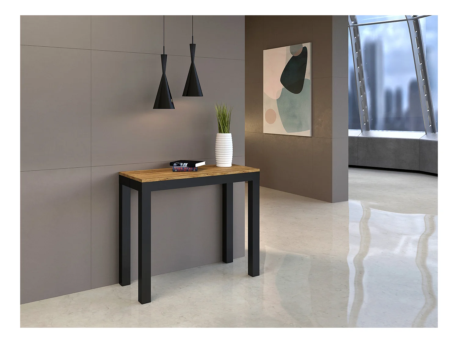 Ausziehbare Konsole 90x40/196 cm Everyday Small Evolution Eiche Natur Anthrazitrahmen