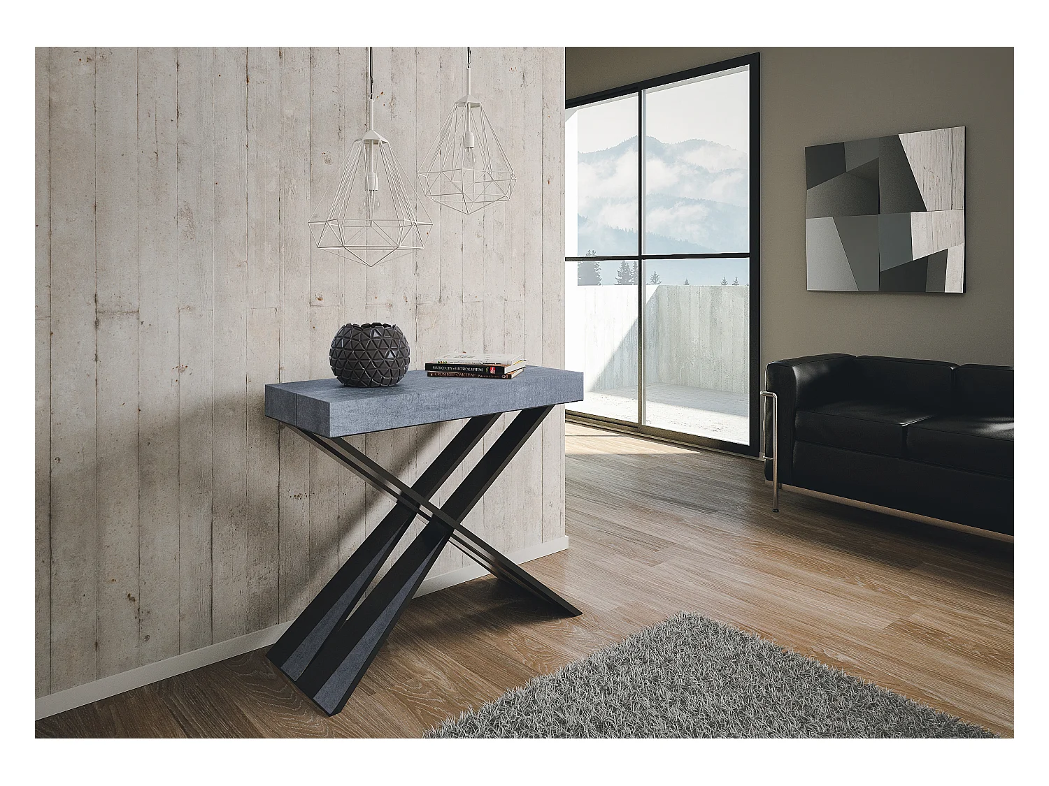 Consola extensible de diseño Diago en madera y patas cruzadas de acero antracita 90x40/196 o 90x40/300 cm-Color Gris cemento-Soporte 2 pies-5 alargaderas finas