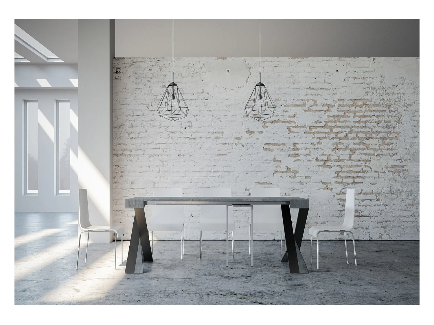 Consola extensible de diseño Diago en madera y patas cruzadas de acero antracita 90x40/196 o 90x40/300 cm-Color Gris cemento-Soporte 2 pies-5 alargaderas finas