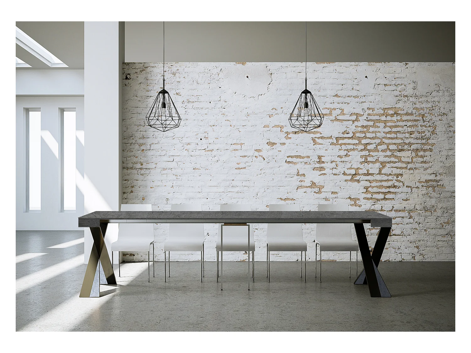 Consola extensible de diseño Diago en madera y patas cruzadas de acero antracita 90x40/196 o 90x40/300 cm-Color Gris cemento-Soporte 2 pies-5 alargaderas finas