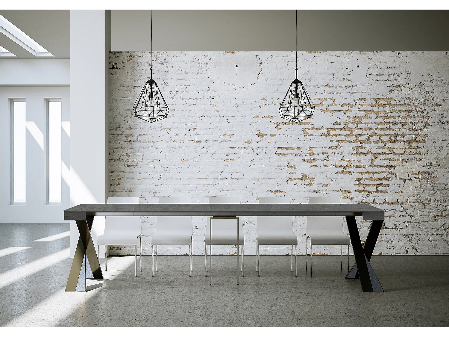 Ausziehbarer Konsolentisch 90x40/300 cm Diago Zement mit Eisenrahmen aus Anthrazit