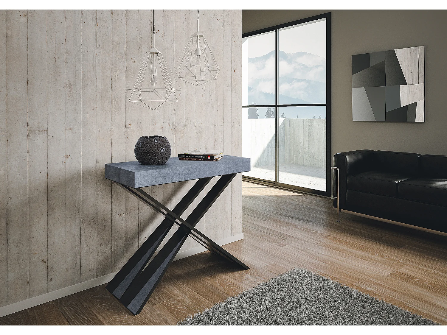 Uitschuifbare sidetable 90x40/300 cm Diago cement met antraciet frame