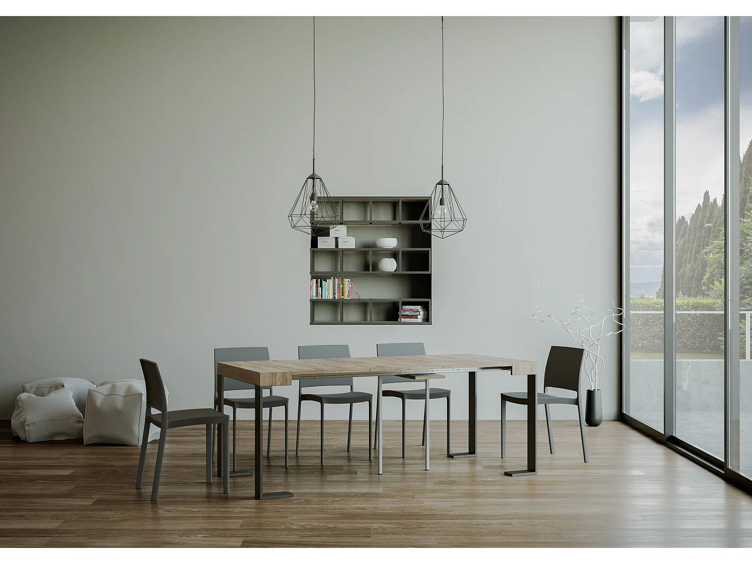 Console extensible 90x40/300 cm Tecno chêne nature pieds anthracite