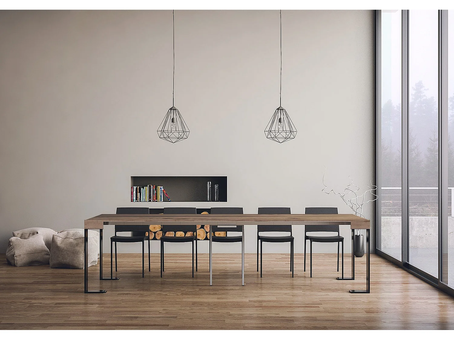 Console extensible 90x40/300 cm Tecno chêne nature pieds anthracite