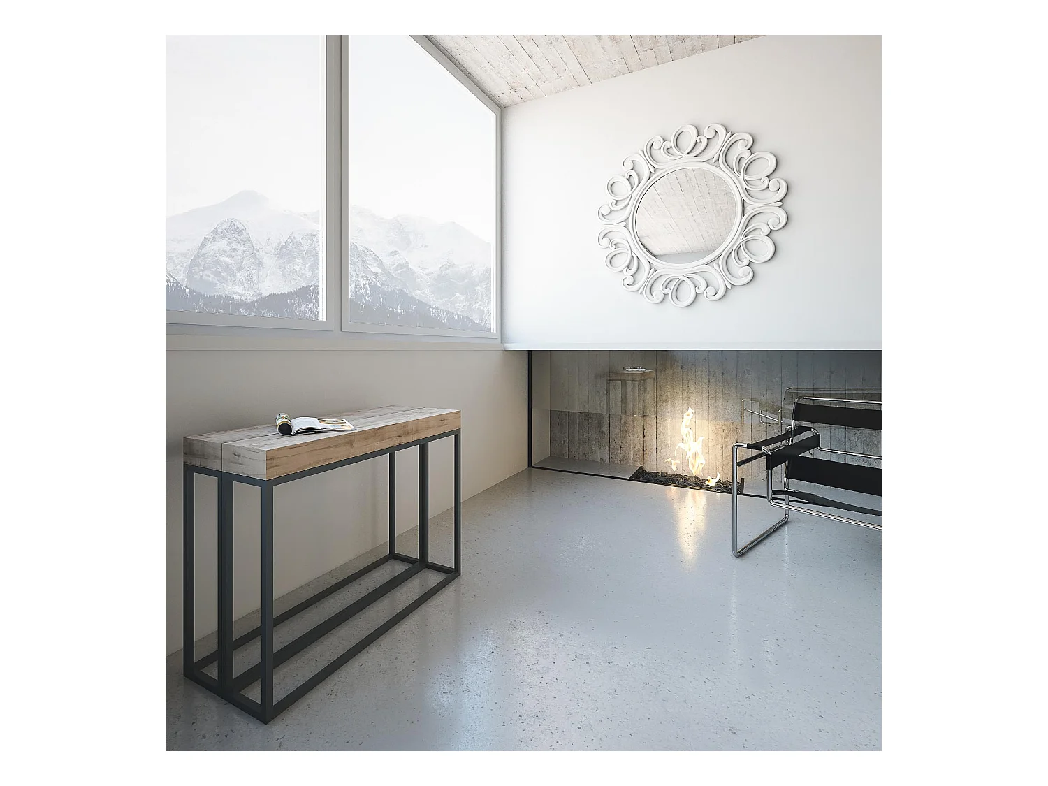 Ausziehbarer Konsolentisch 90x40/196 cm Epoca Small Eiche Natur mit Eisenrahmen aus Anthrazit