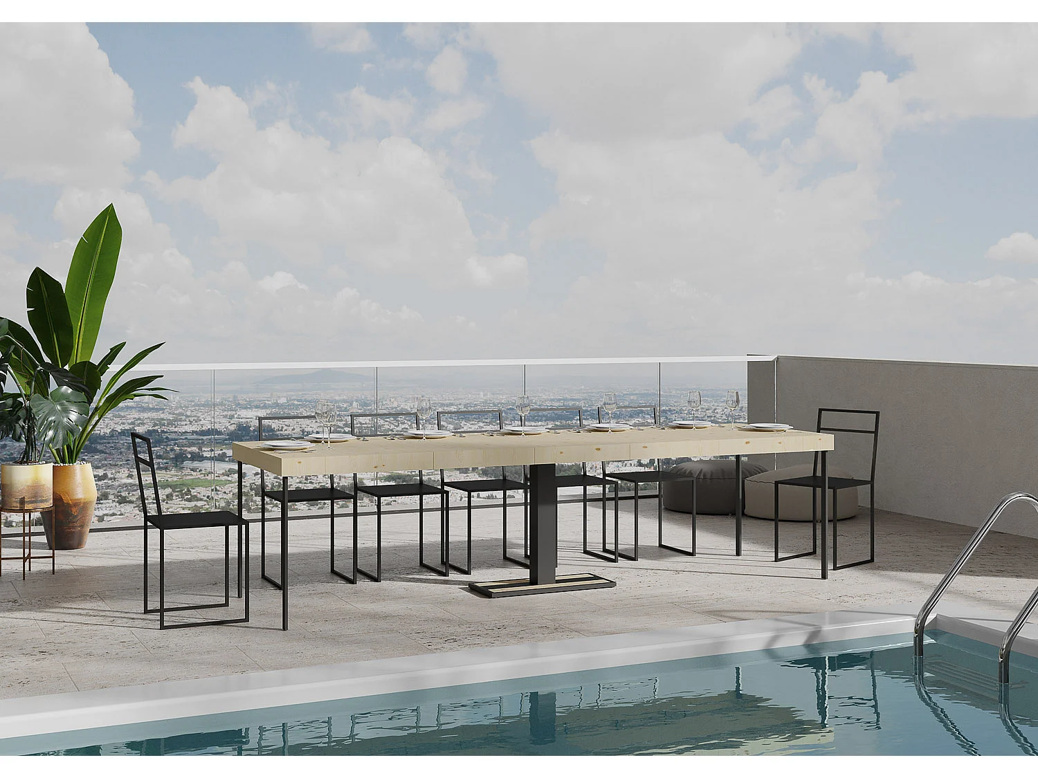 Uitschuifbare console van massief sparrenhout en antraciet stalen poten 40 tot 290 cm Mimo-Versie Premie