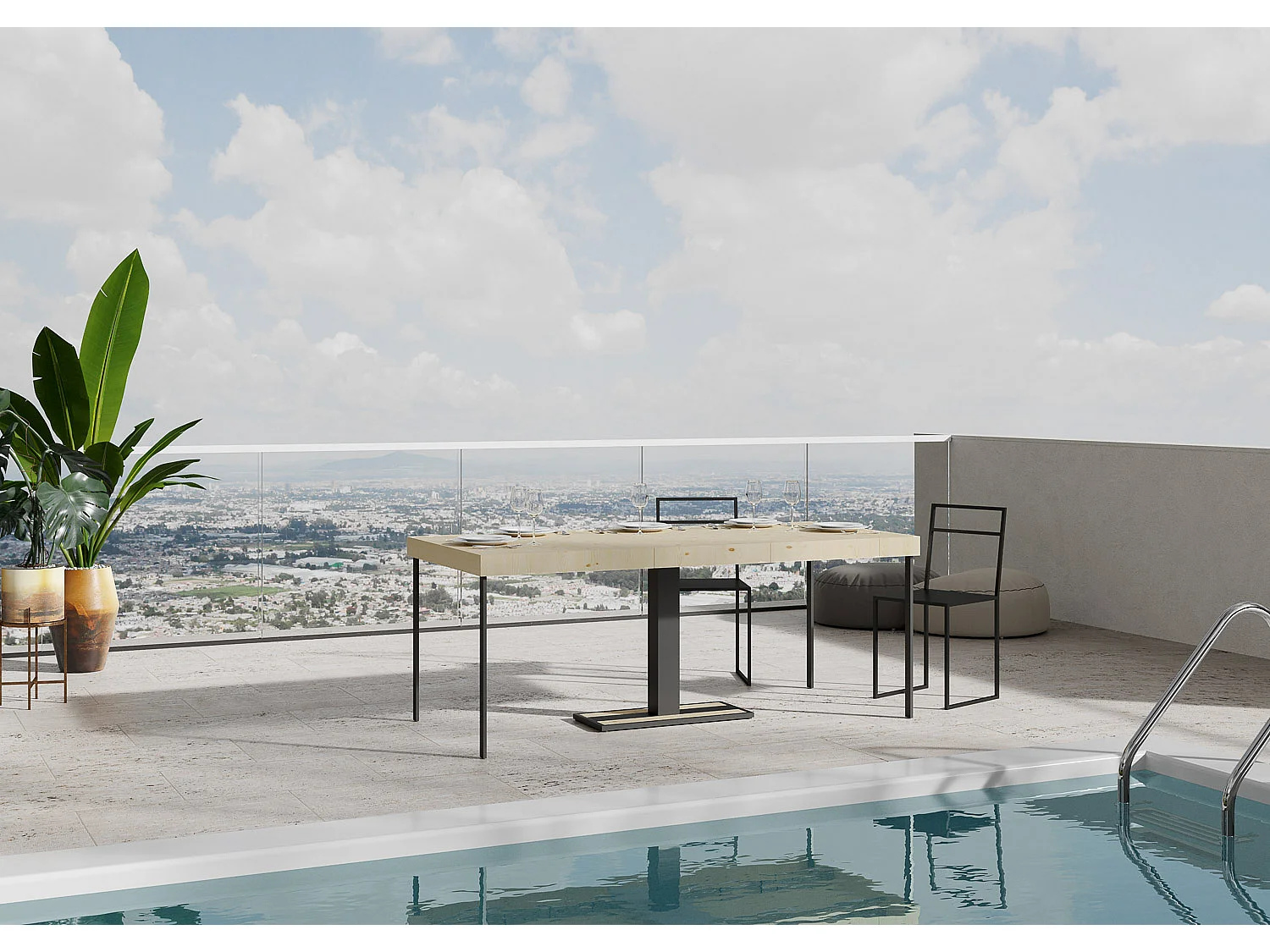 Uitschuifbare console van massief sparrenhout en antraciet stalen poten 40 tot 290 cm Mimo-Versie Premie