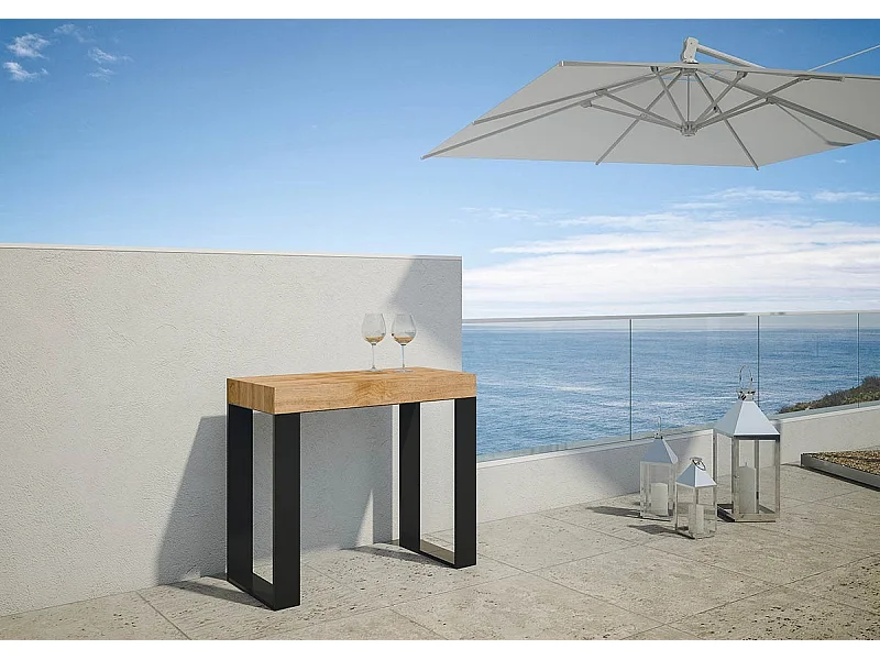 Ausziehbarer Konsolentisch 90x40/290 cm Tecno gebeizte Tanne mit Eisenrahmen aus Anthrazit