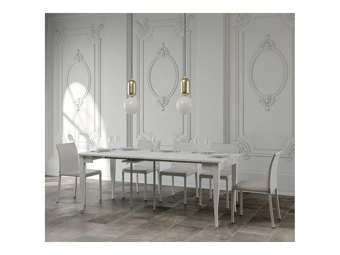 Klassieke uitschuifbare houten console Kamila 90x48/204 of 90x48/308 cm-Kleur Wit-Steun 2 voet-Verlengsnoeren 5 uitbreidingen