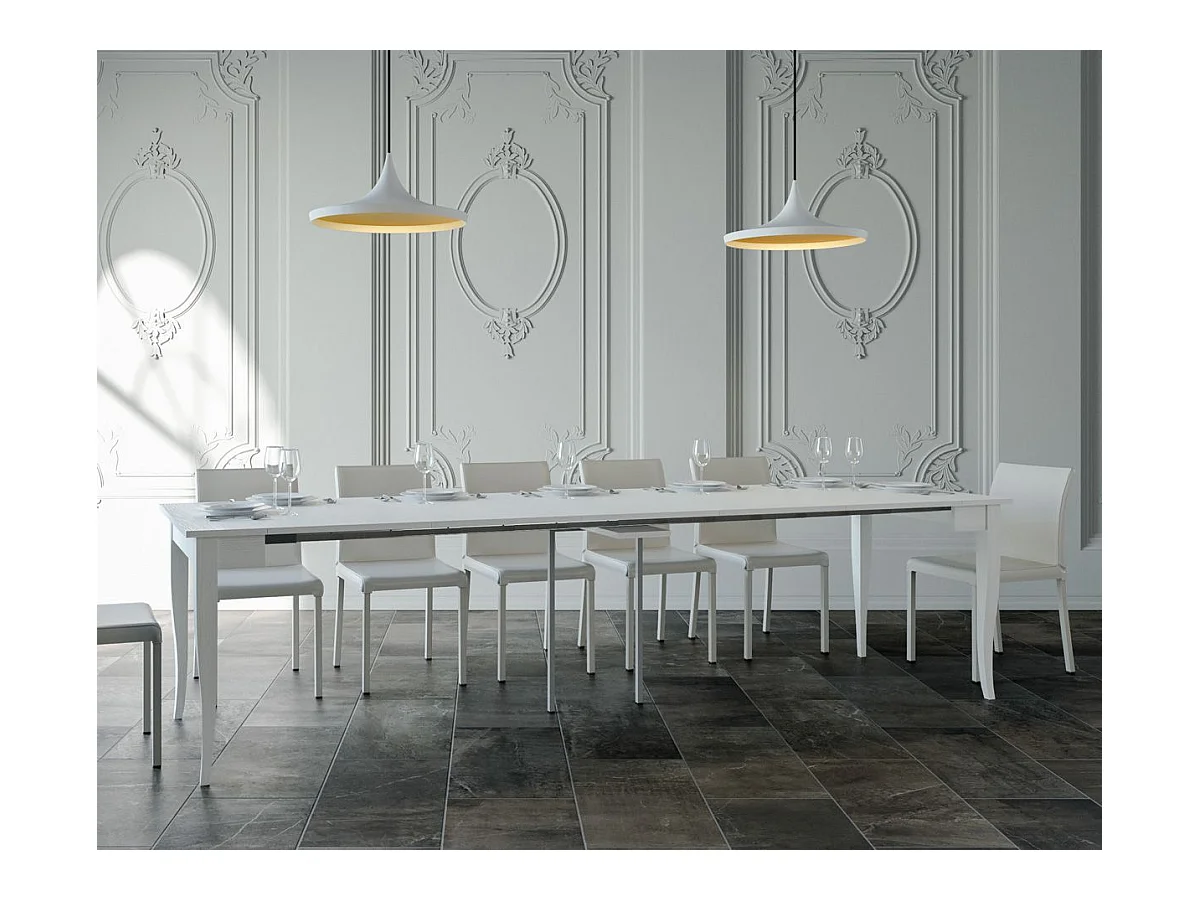 Klassieke uitschuifbare houten console Kamila 90x48/204 of 90x48/308 cm-Kleur Wit-Steun 2 voet-Verlengsnoeren 5 uitbreidingen