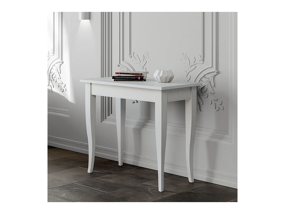 Klassieke uitschuifbare houten console Kamila 90x48/204 of 90x48/308 cm-Kleur Wit-Steun 2 voet-Verlengsnoeren 5 uitbreidingen