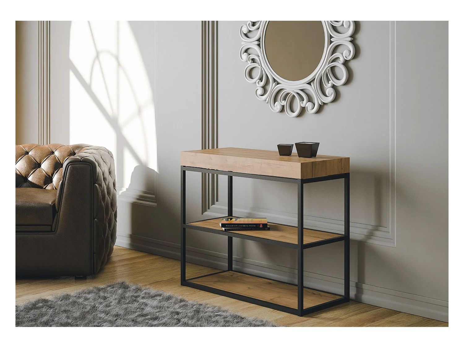 Konsola rozkładana 90x40/196 cm Plano Mały Dąb Premium Natura Struktura Antracyt