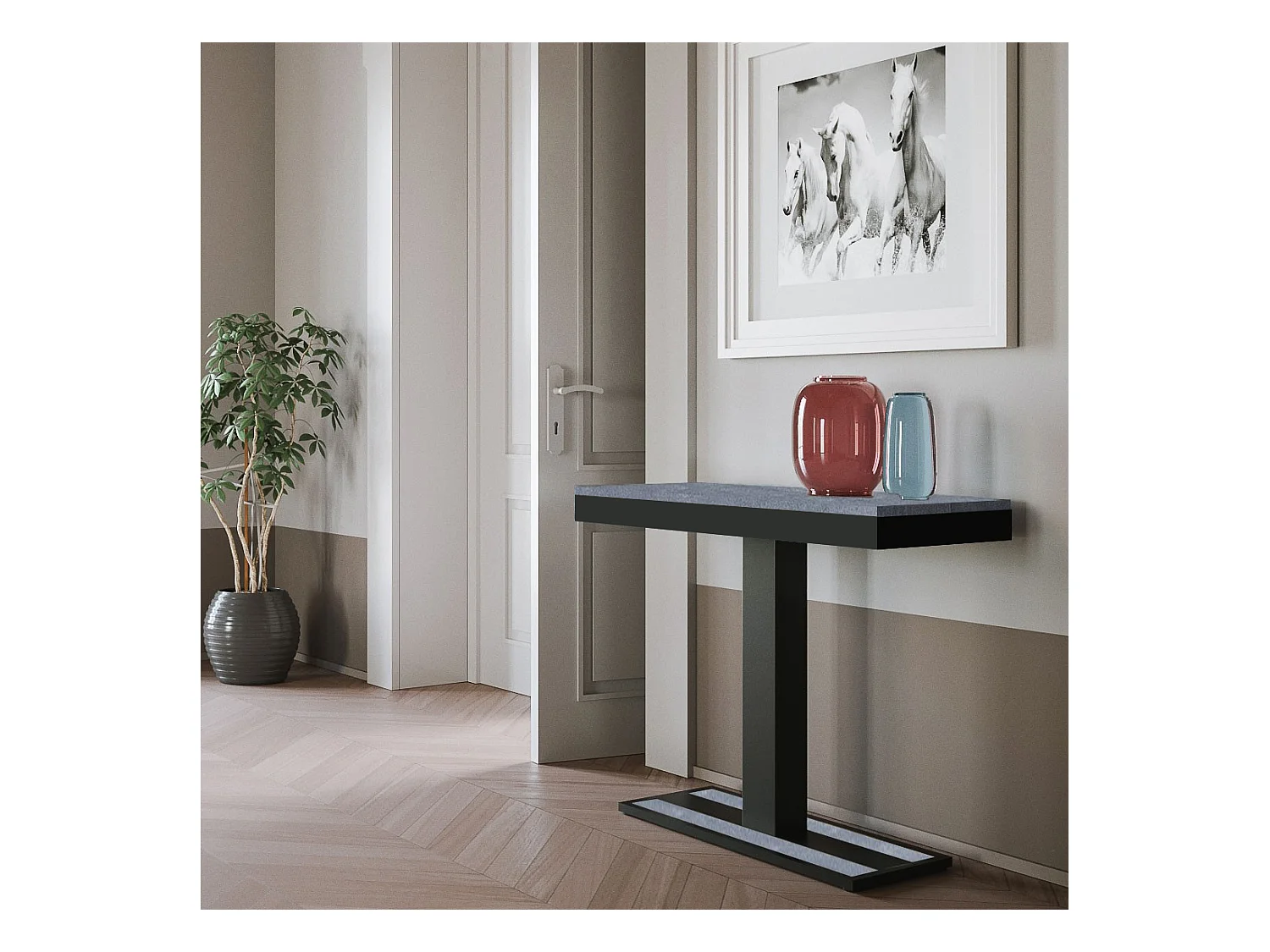 Consola extensible de madera de diseño con pata central Kapital Evolution 90x40/196 o 90x40/300 cm-Color Gris cemento-Alargaderas 5 extensiones