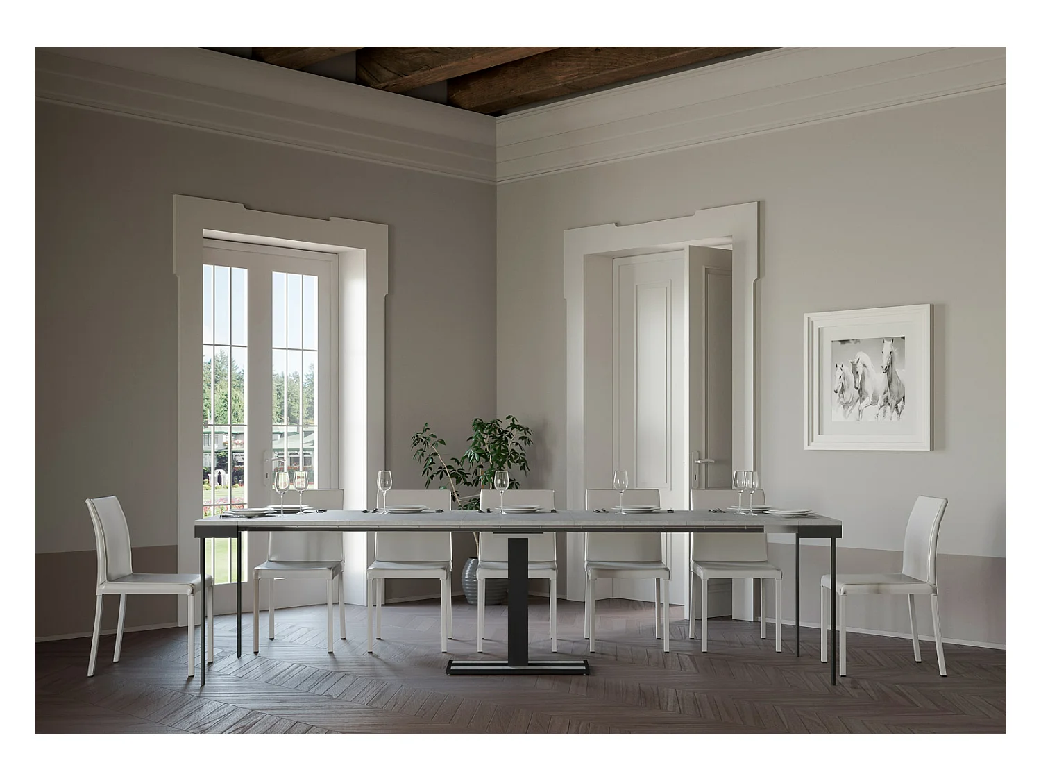 Consola extensible de madera de diseño con pata central Kapital Evolution 90x40/196 o 90x40/300 cm-Color Gris cemento-Alargaderas 5 extensiones