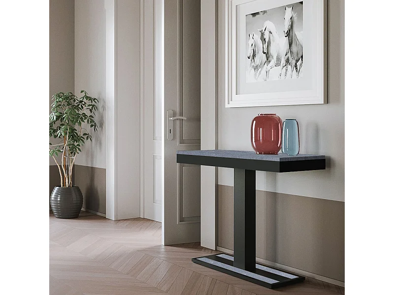 Designer uitschuifbare houten console met centrale poot Kapital evolution 90x40/196 of 90x40/300 cm-Kleur Cementgrijs-Verlengsnoeren 5 uitbreidingen