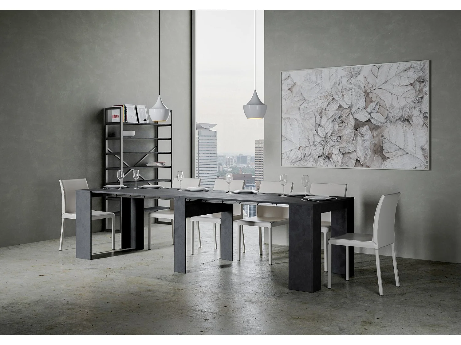 Konsola rozkładana 90x48/296 cm Venus Antracytowy efekt stucco wewnętrzne przedłużenia