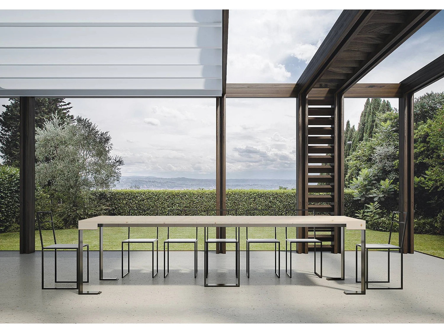 Uitschuifbare console in licht massief dennenhout en antraciet metalen poten voor 14 personen 40 tot 290 cm Pirina-Versie Basis