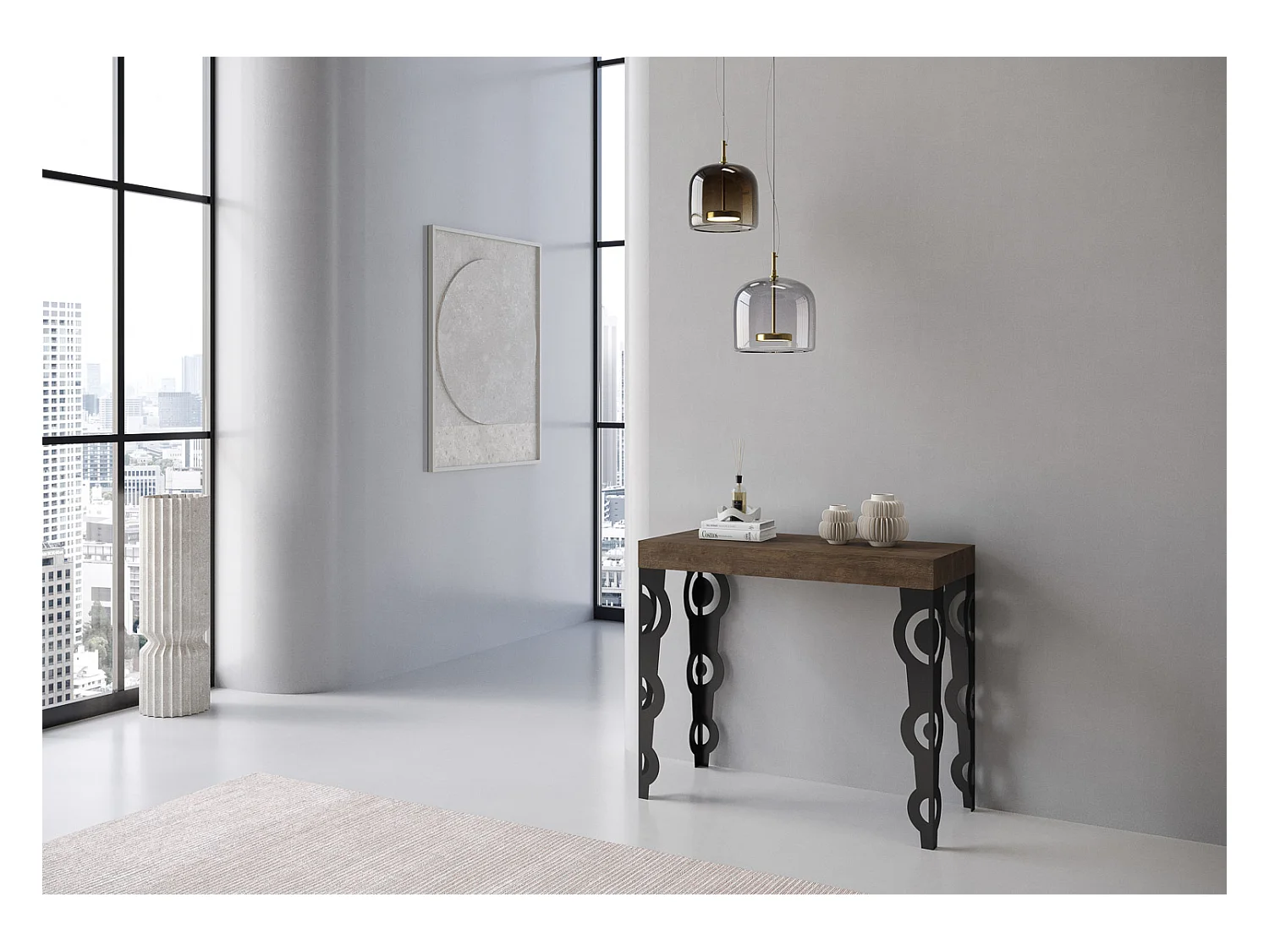 Kazay uitschuifbare console in oosterse stijl 90x40/196 of 90x40/300 cm-Kleur Bruin-Steun 2 voet-Verlengsnoeren 3 dikke extensies