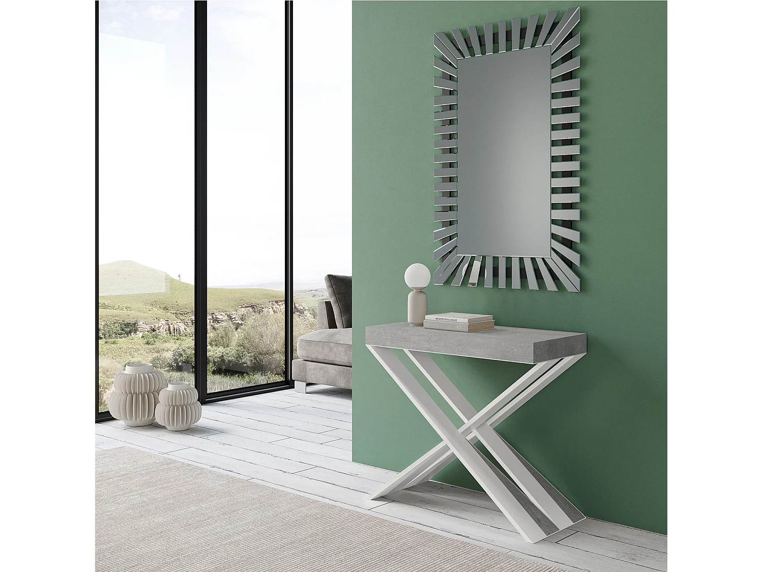 Uitschuifbare sidetable 90x40/196 cm Diago Small cement met wit frame