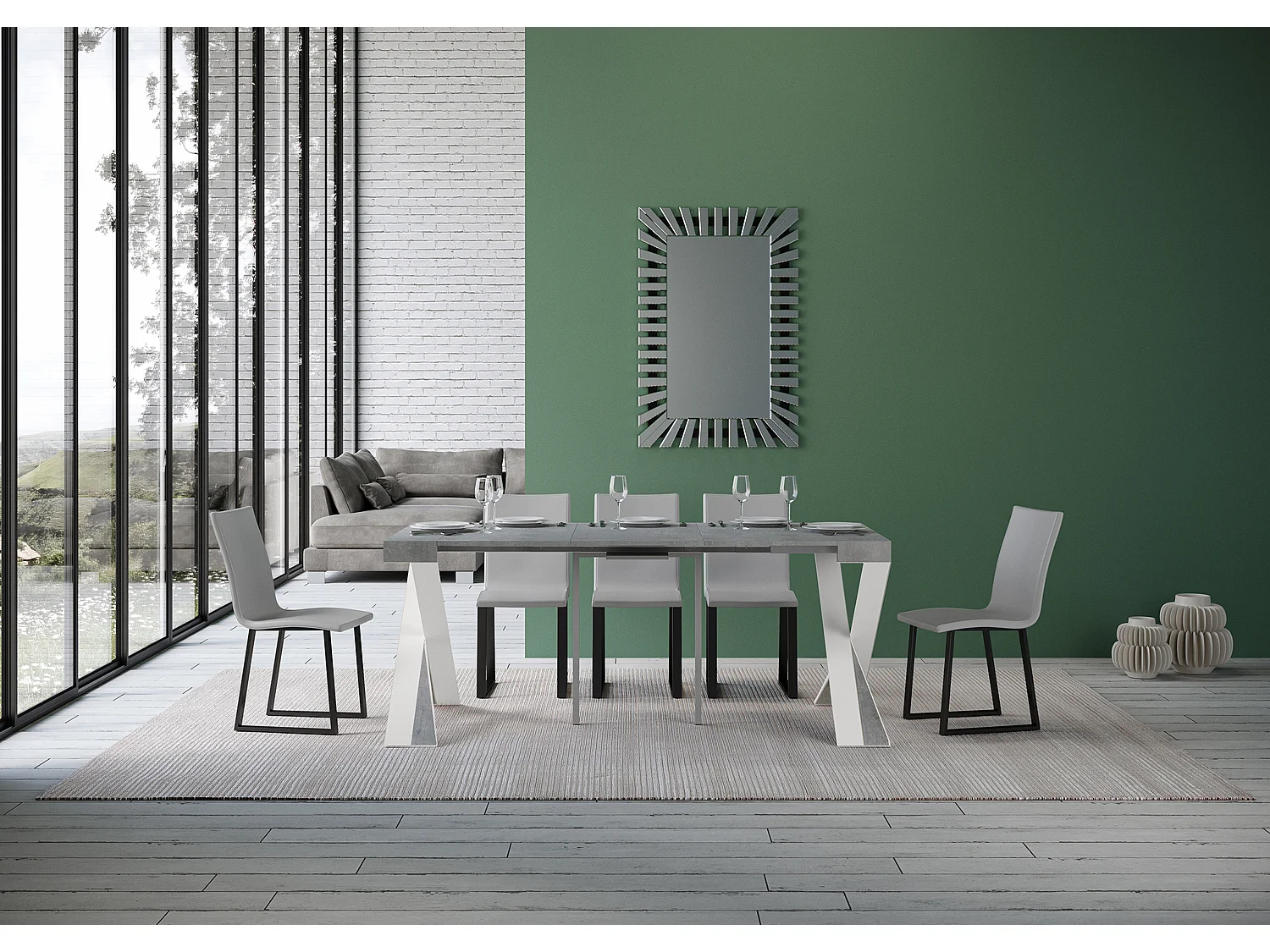 Uitschuifbare sidetable 90x40/196 cm Diago Small cement met wit frame