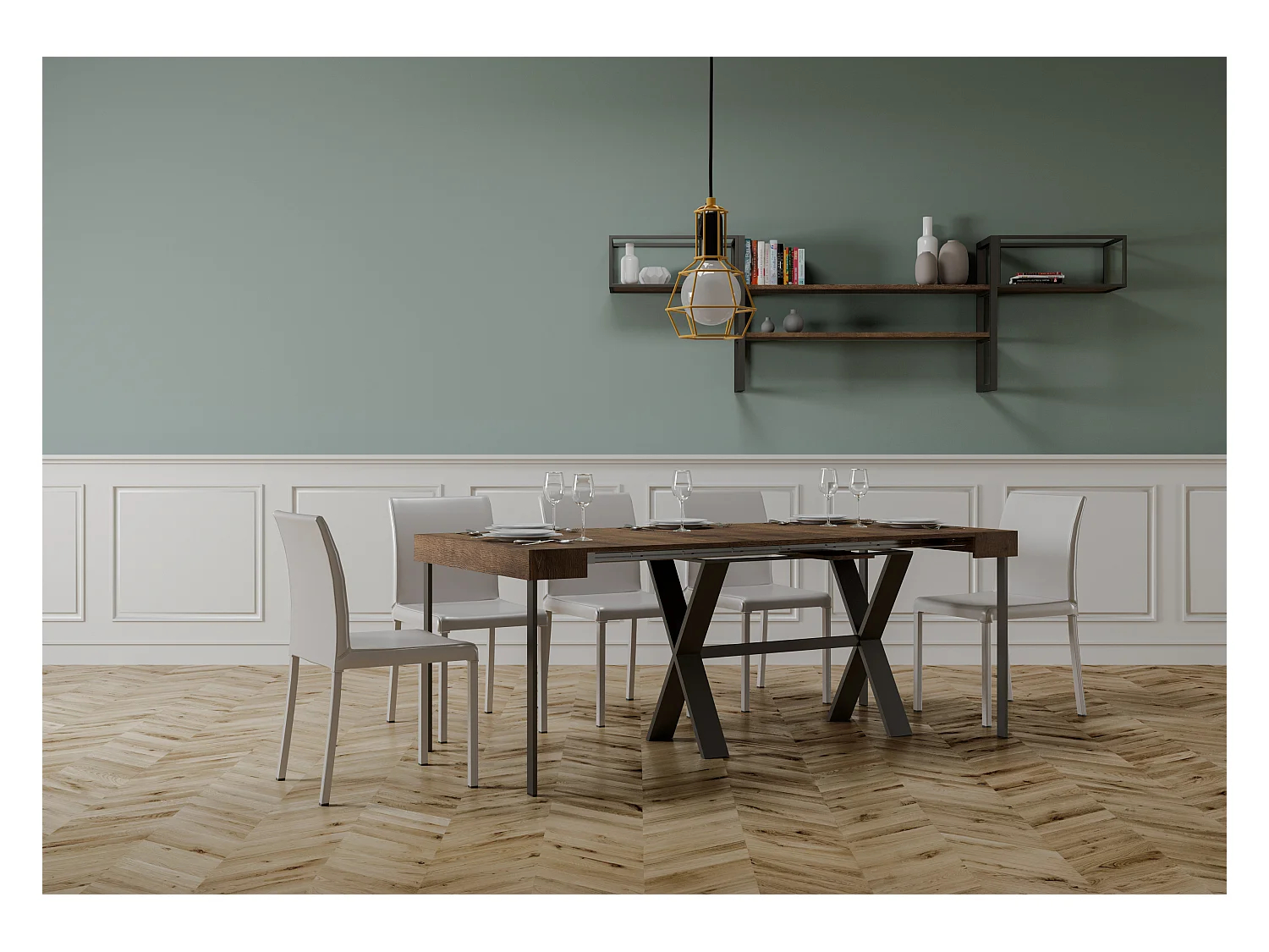 Ausziehbarer Konsolentisch 90x40/196 cm Xenia Small Nussbaum mit Eisenrahmen aus Anthrazit