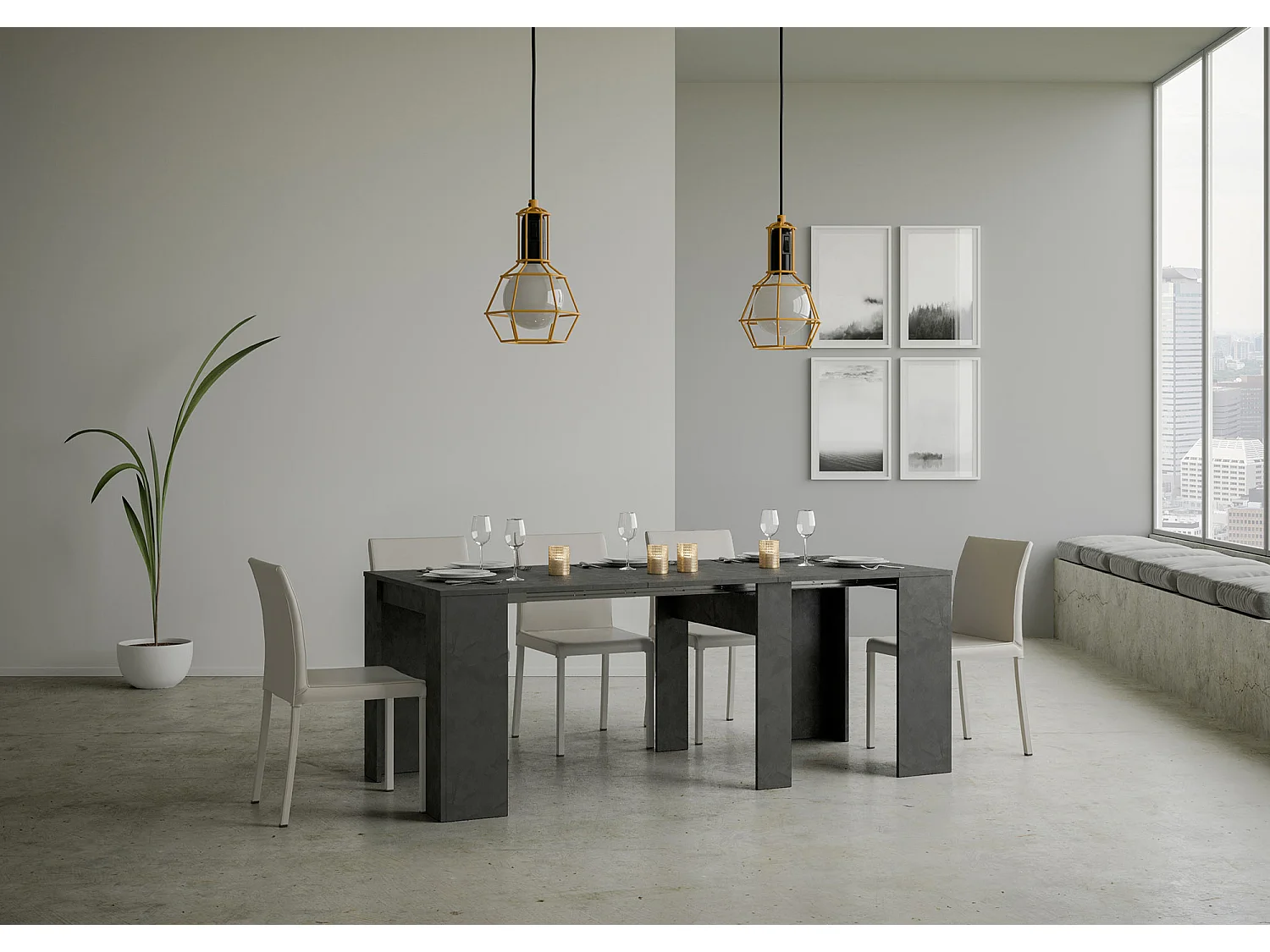 Bina uitschuifbare houten console 90x48/204 of 90x48/308 cm-Kleur Houtskool grijs-Verlengsnoeren 5 uitbreidingen