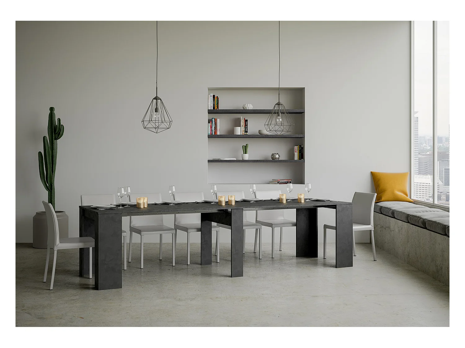 Bina uitschuifbare houten console 90x48/204 of 90x48/308 cm-Kleur Houtskool grijs-Verlengsnoeren 5 uitbreidingen