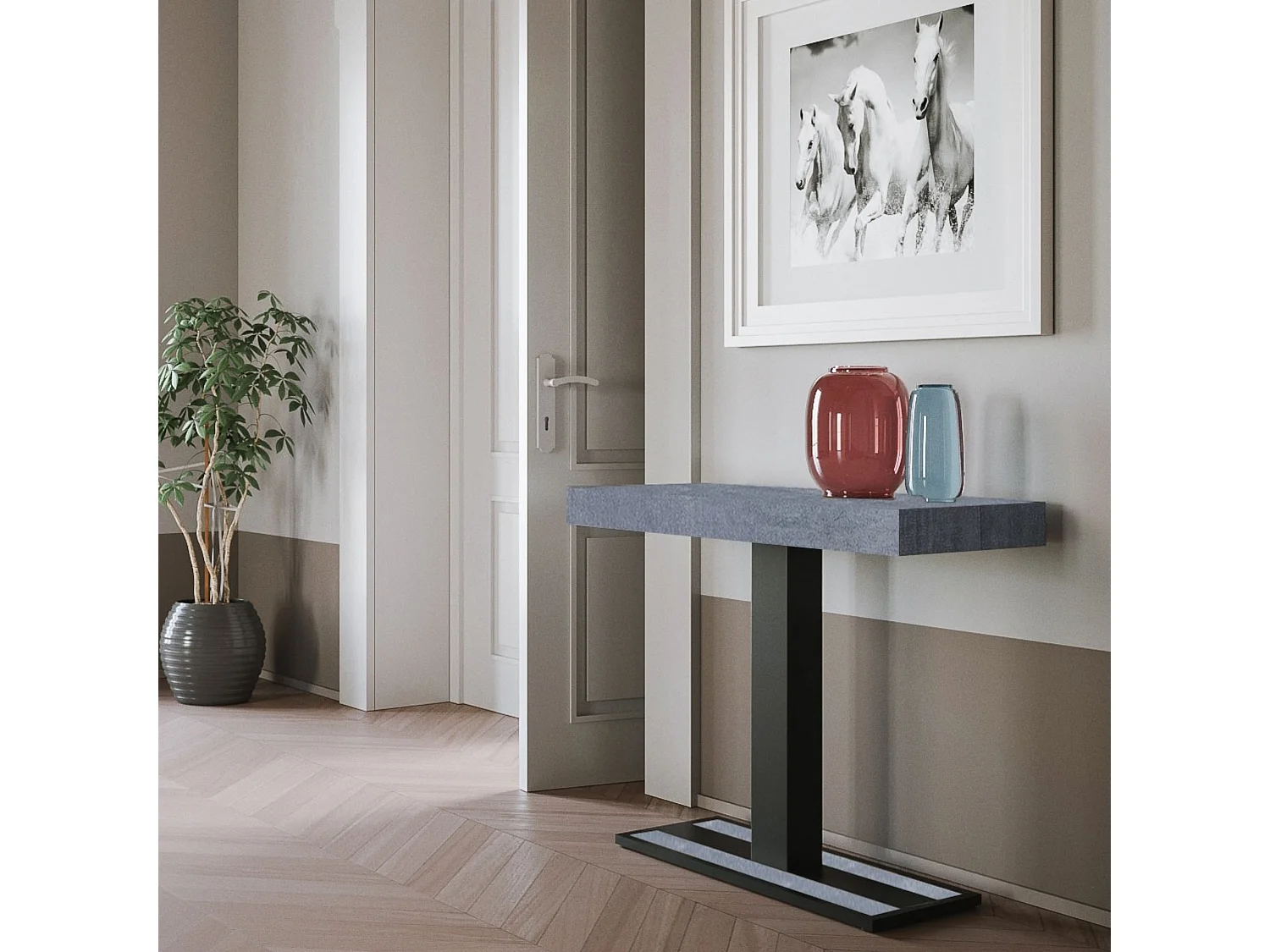 Uitschuifbare sidetable 90x40/300 cm Capital cement met antraciet frame